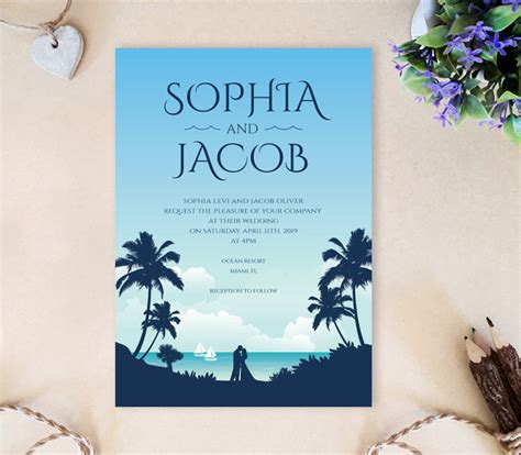 Sit back, relax and browse through these tranquil designs featuring seashells, palm trees, and ocean views. Destination Wedding Invitations - LemonWedding