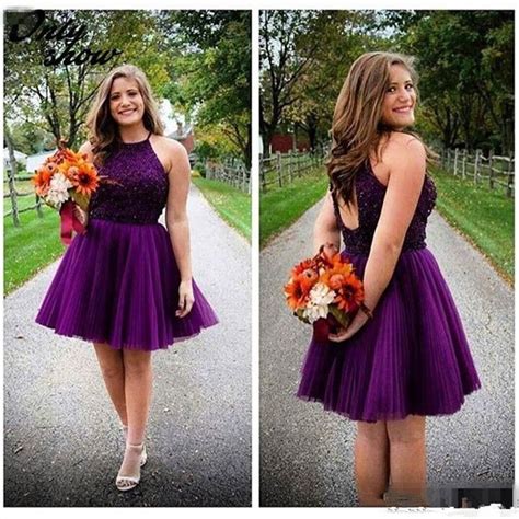 Plus Size Halter Beaded Dark Purple Homecoming Dress 2017 Open Back