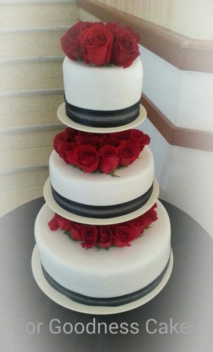 Three Tiered Beautiful Red Rose And Black Ribbon Wedding Cake Wedding