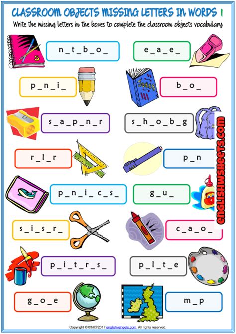 Classroom Objects Missing Letters In Words Exercise Worksheets Artofit