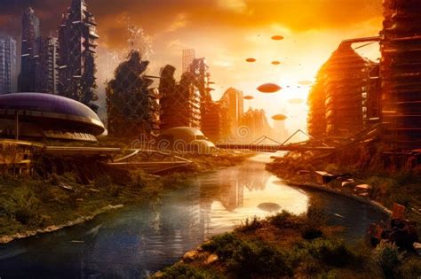 Sci Fi Scene Of Futuristic City With River Running Through It