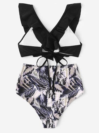 Ruffle Top With Random Leaf Print Bikini Set Leaf Print Bikini
