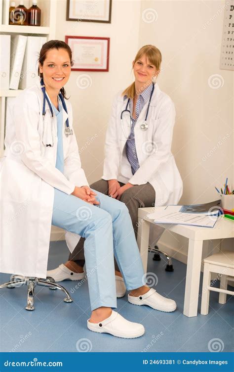 Two Female Doctor Sitting Surgery Office Stock Image Image Of