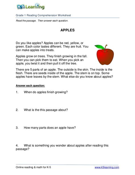 Reading comprehension worksheets for 1st grade feature a short passage and questions about that passage. 1st grade-1-reading-apples