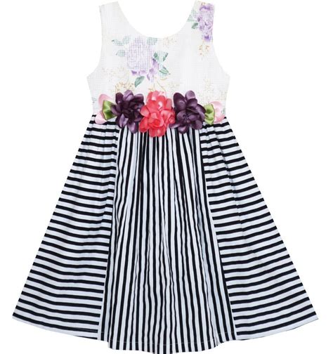 Girls Dress Sleeveless Stripes Floral Printed Flower Waist Size 4 12