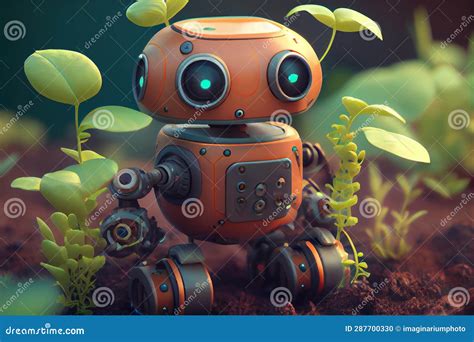 Robot With Green Leaves Ecology Technology Concept Stock Photo