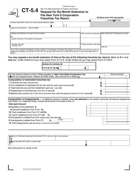 Fillable Form Ct 54 Request For Six Month Extension To File New York