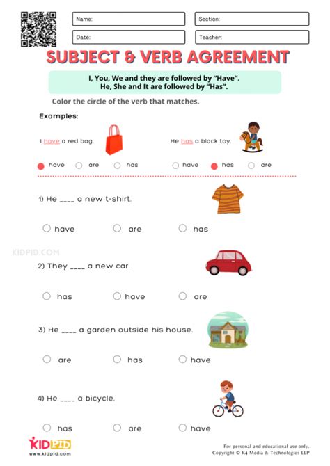 Agreement Of Subjects Verb Printable Worksheets For Grade Kidpid