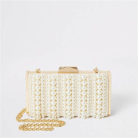 Cream Pearl Embellished Box Clutch Handbag In 2020 Pearl Clutch Bag