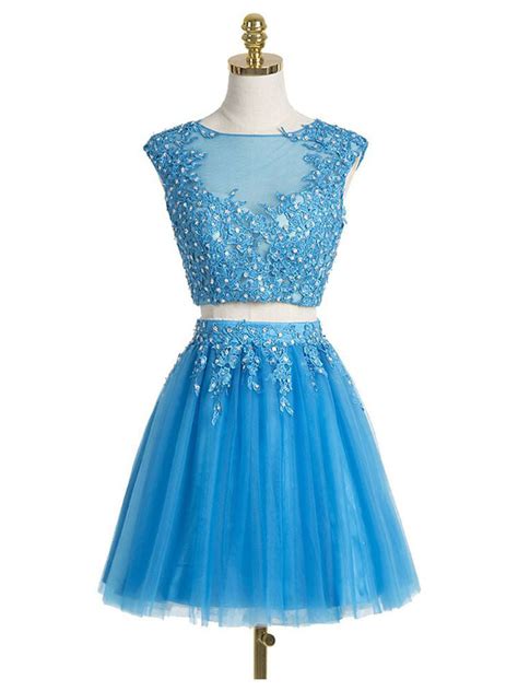 Two Piece Homecoming Dress Scoop Appliques Blue Short Prom Dress Sexy