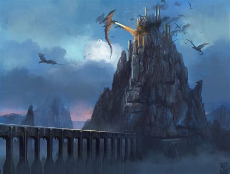 Dragons Attack Cliff Side Castle Castle Drawing Castle Art Dungeons
