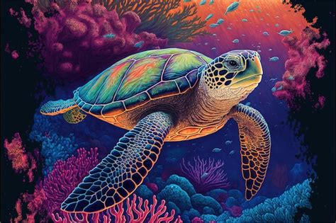 Premium Photo Colorful Illustration Of A Sea Turtle Swimming Over