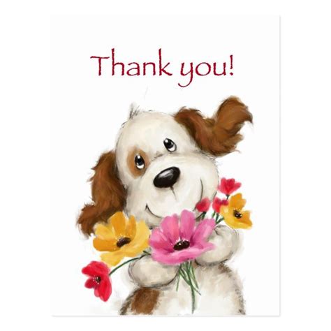 Thank You Cute Dog With Flowers Postcard Zazzle Dog Flower Thank