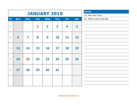 Free Download Printable Calendar 2019 Large Space For Appointment And