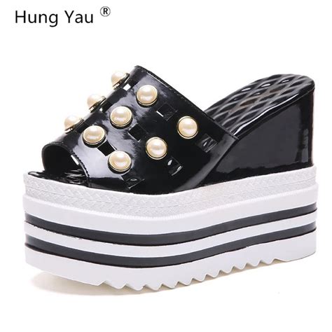 Hung Yau Platform Bling Sandals Shoes For Women Slides Slip On Wedges Beach Summer Casual Shoes