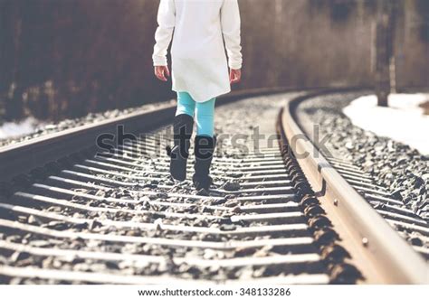 Young Girl Walking Railroad Tracks Image Stock Photo 348133286