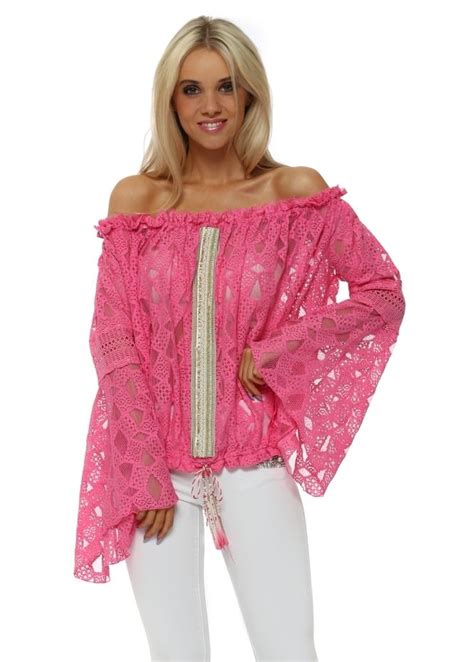 Laurie And Joe Hot Pink Lace Embellished Bell Sleeve Top