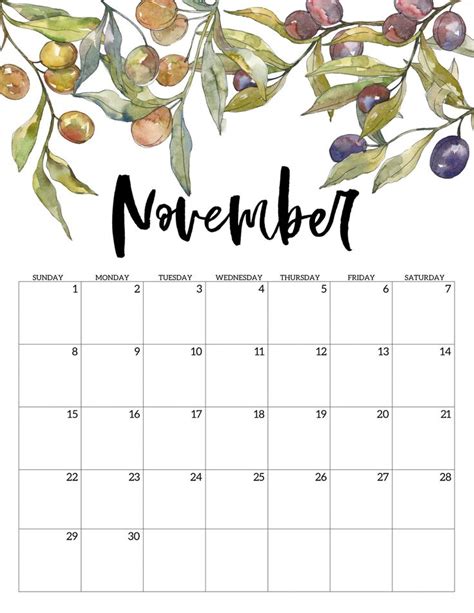 Decorative November 2020 Calendar Cute Monthly Calendar Printable