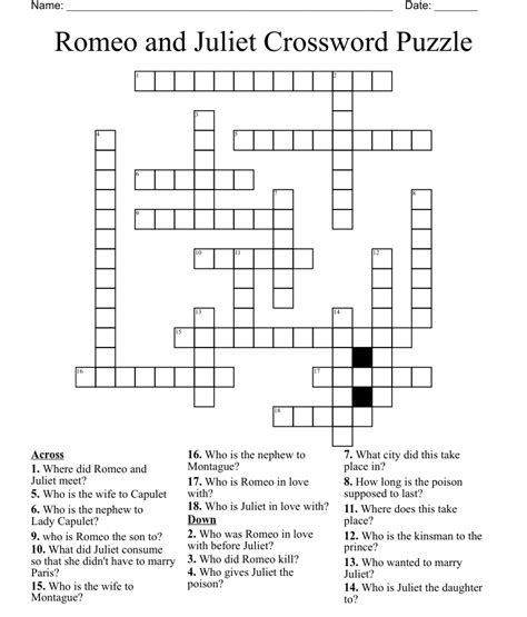 Romeo And Juliet Crossword Puzzle Wordmint