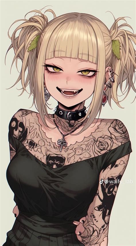 A Drawing Of A Woman With Blonde Hair And Tattoos On Her Chest Wearing