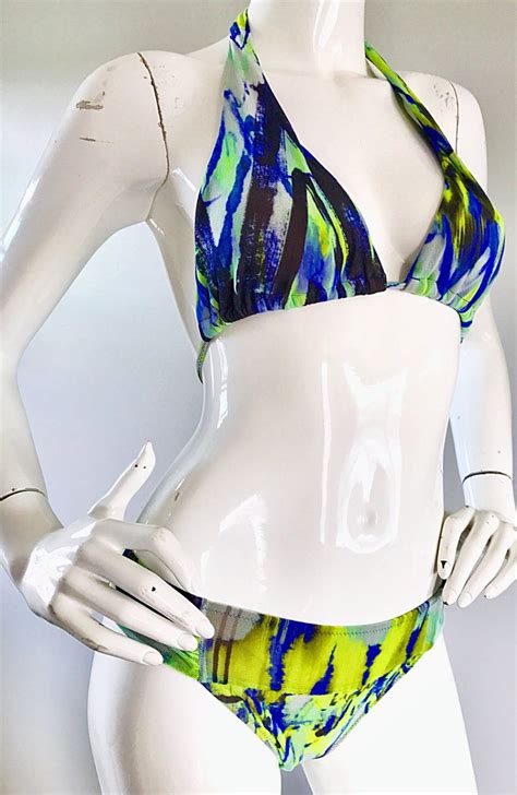 nwt jean paul gaultier 1990s vintage blue green halter two piece bikini swimsuit for sale at