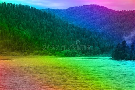 Mountains Mountain Lakes And Mountain Rivers In Rainbow Colors Stock