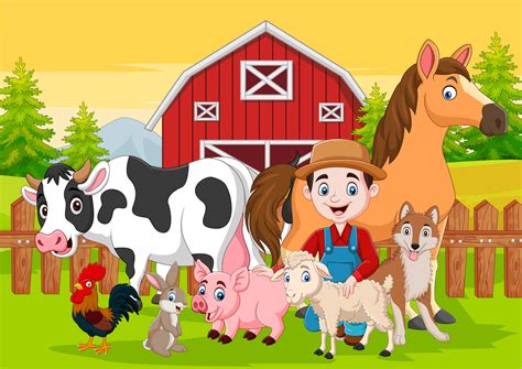 Cartoon Farmer And Farm Animals In The Barnyard 5332452 Vector Art At