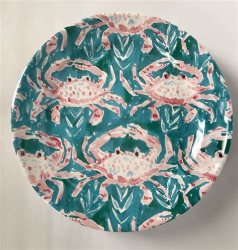 Pier 1 One Imports Blue Pink Sea Crab Melamine Side Salad 9 Plates Set