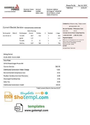 USA Georgia Power utility bill template in Word format fully editable