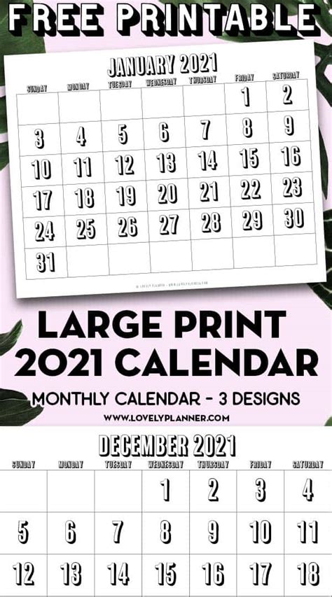2021 Calendar Large Print Free Letter Templates