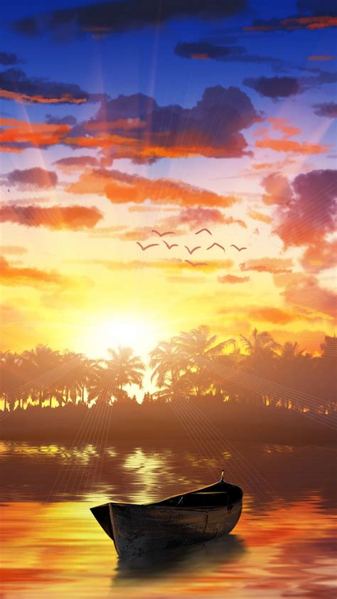 Download Wallpaper 1080x1920 Boat Sunset Palm Trees Water Art