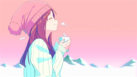 Tea Anime Girls Pink Background Drinking Sweater Hat Smiling Cup