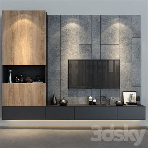 A Modern Living Room With Grey Walls And Wooden Furniture Including A
