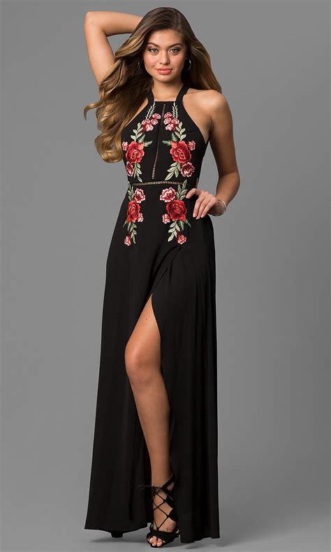Embroidered Open Back Black Maxi Party Dress Promgirl