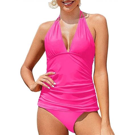 Tankini Plus Size Bathing Suit Halter V Neck Swimwear Hot Pink Tankini Stylish Swimsuits
