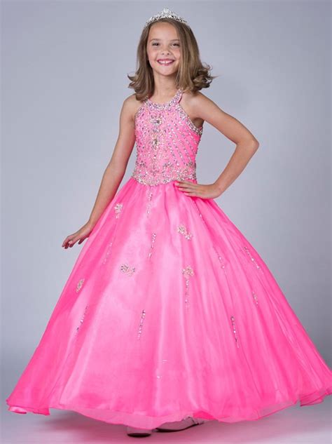 Pageant Girl Dresses Pink Halter Jewel Crystal Little Kids Tulle Ball