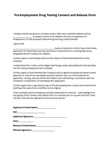 Fillable Pre Employment Drug Testing Consent And Release Form Printable