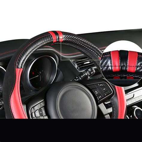 38cm Red Suede Leather Carbon Fiber Luxury Car Steering Wheel Cover For