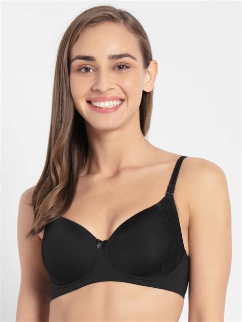 Black Full Coverage Wirefree Padded T Shirt Bra With Lace Styling For