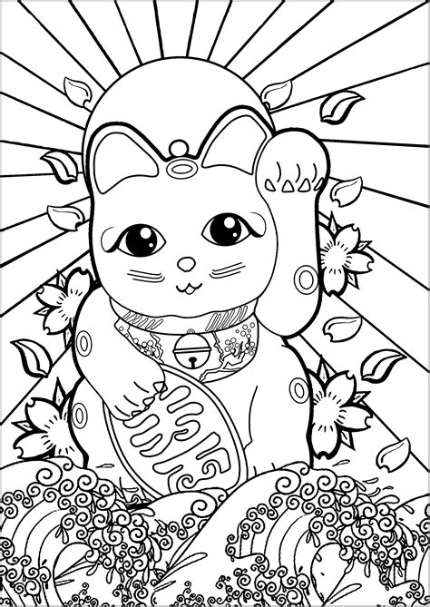 Maneki Neko And The Great Wave Japan Adult Coloring Pages