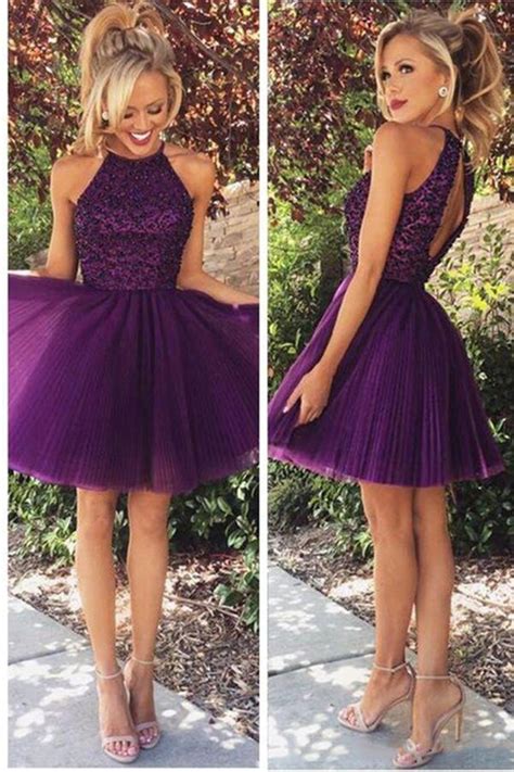A Line Homecoming Dresses Purple Homecoming Dresses Beaded Homecoming Dresses Backless