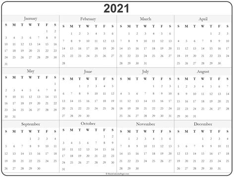 Blank Yearly Calendar 2021 Printable 2021 Printable Calendars