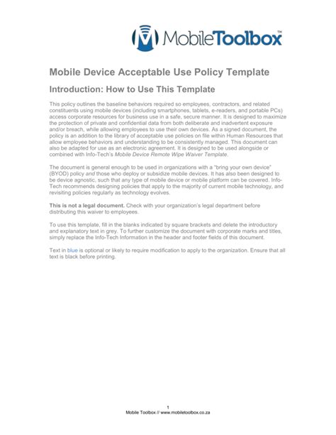 Mobile Device Acceptable Use Policy Template