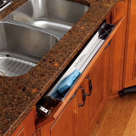 I built a drawer box the same size as the two original drawers below and added some inside cabinet structure to support the new drawer slides. Kitchen and Vanity Sink Front (Tip-Out) Stainless Steel Trays by Rev-A-Shelf | KitchenSource.com