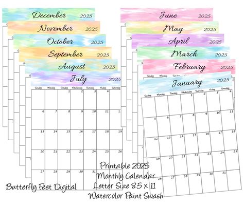2025 Printable Monthly Calendar Portrait View Letter Size Watercolor