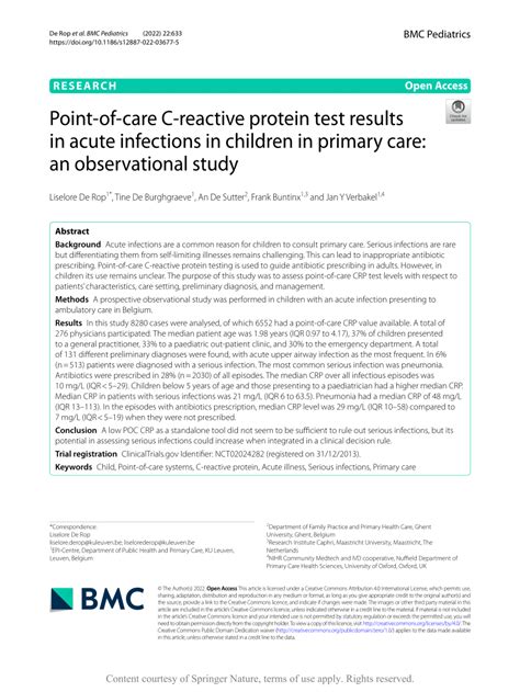 Pdf Point Of Care C Reactive Protein Test Results In Acute Infections