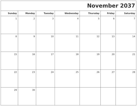 November 2037 Printable Blank Calendar