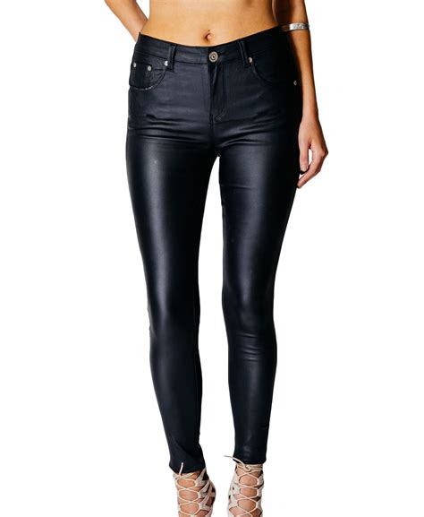 Womens High Waisted Rise Wet Look Pu Plus Size Leather Black Skinny Fit Jeans Ebay