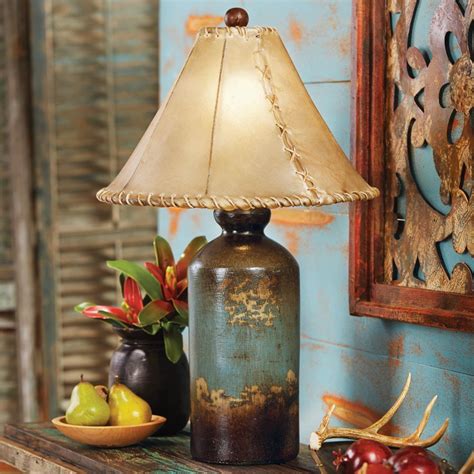 Turquoise Pottery Table Lamp With Rawhide Shade In 2019 Rustic Table