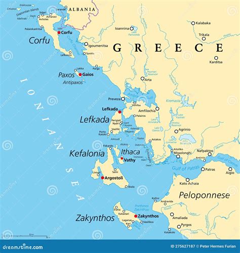 Ionian Islands Region Of Greece Greek Islands In Ionian Sea Political Map Stock Vector
